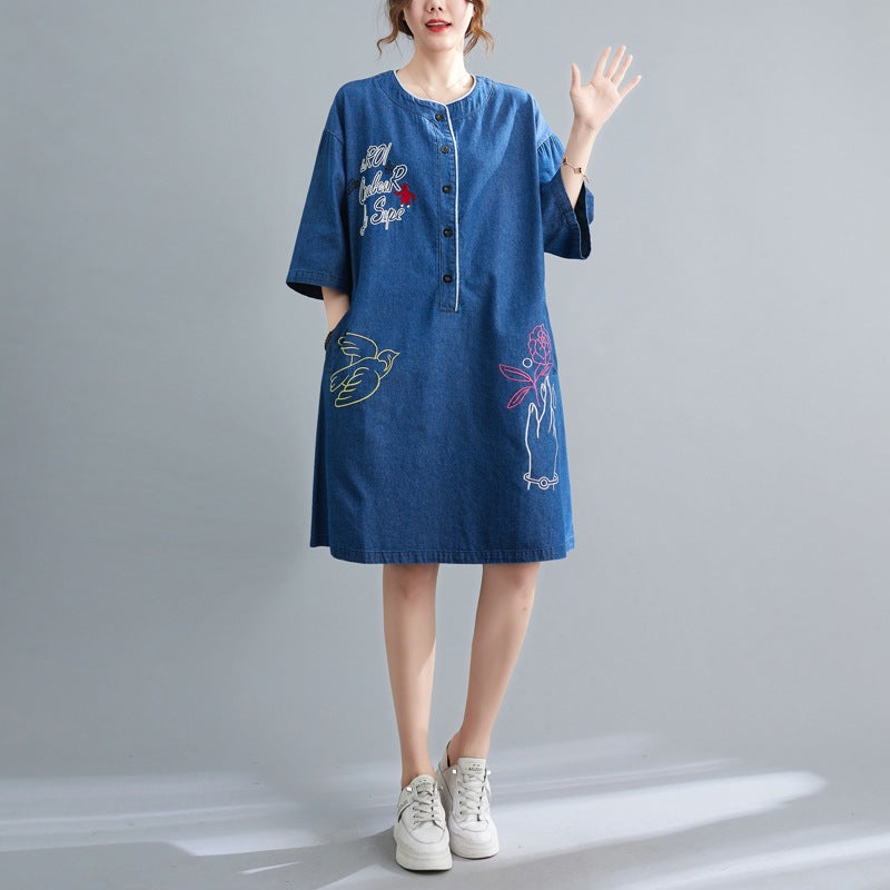 Ethnic Embroidery Plus Sizes Denim Midi Dresses