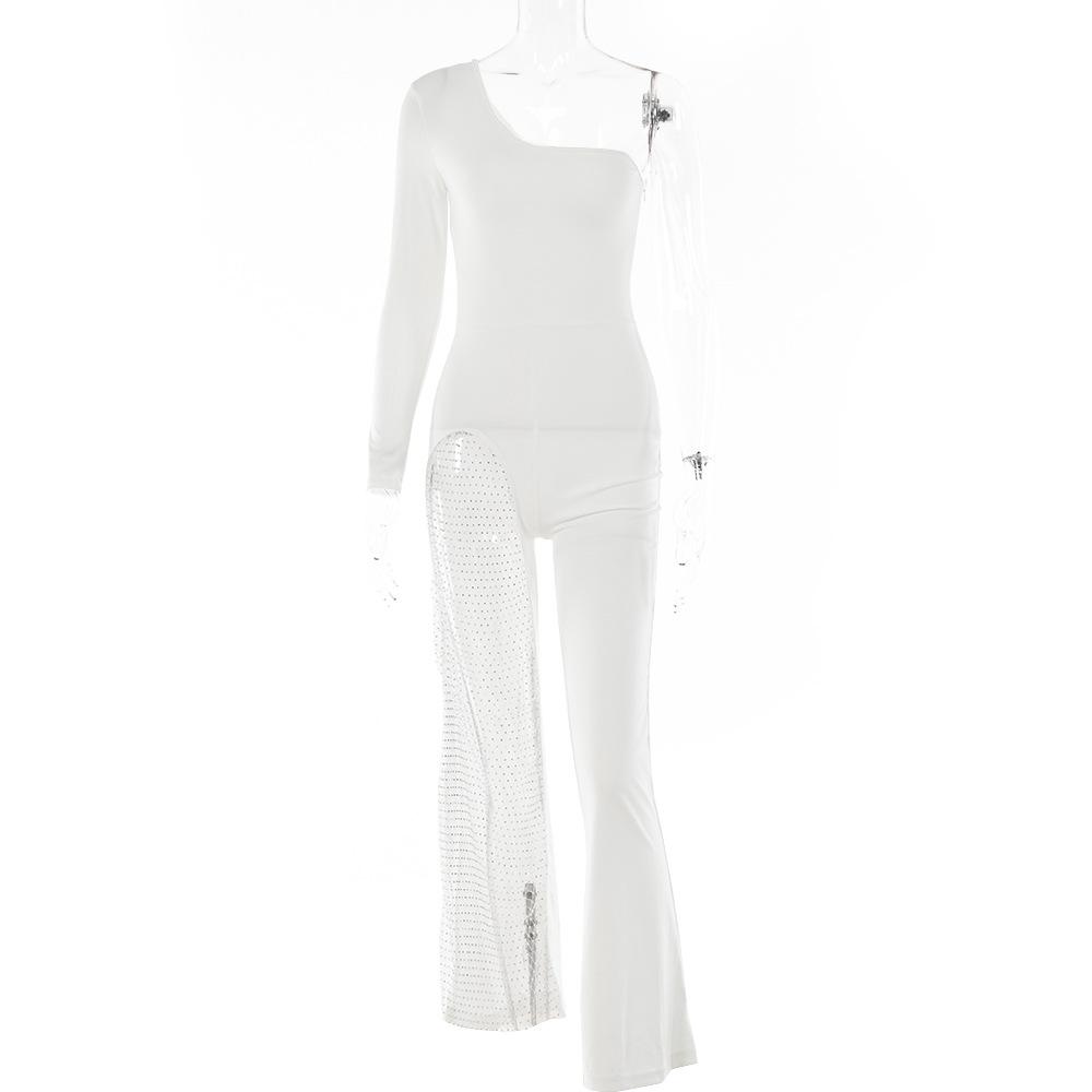 Sexy One Shoulder Tulle Diamond Jumpsuits for Women-White-S-Free Shipping at meselling99