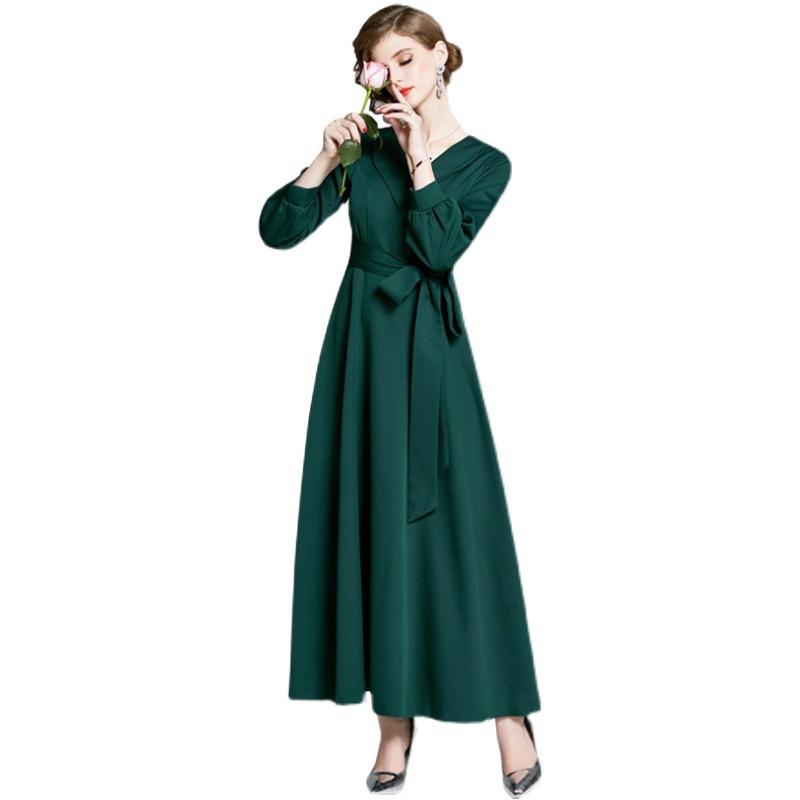 Vintage Elegant Dark Green Belt Long Dresses