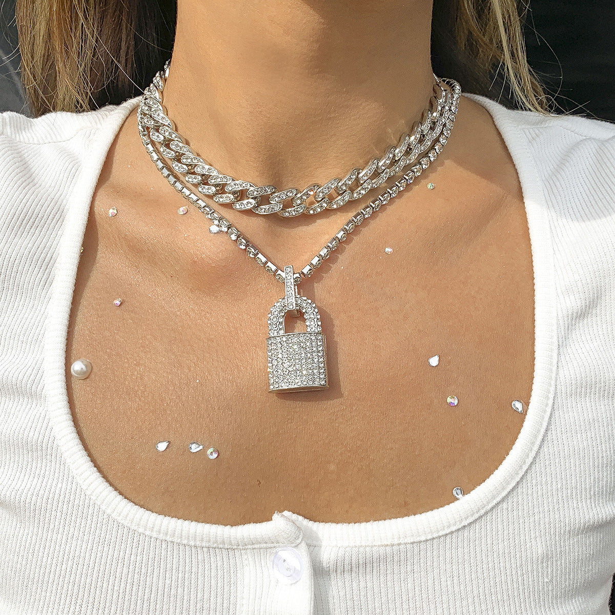 Creative Lock Design Rhinestone Clavicle Necklace for Women