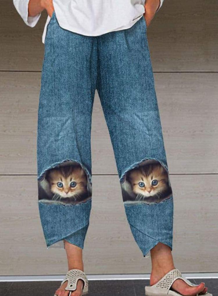 Casual Cat Print Women Denim Trousers--Free Shipping at meselling99