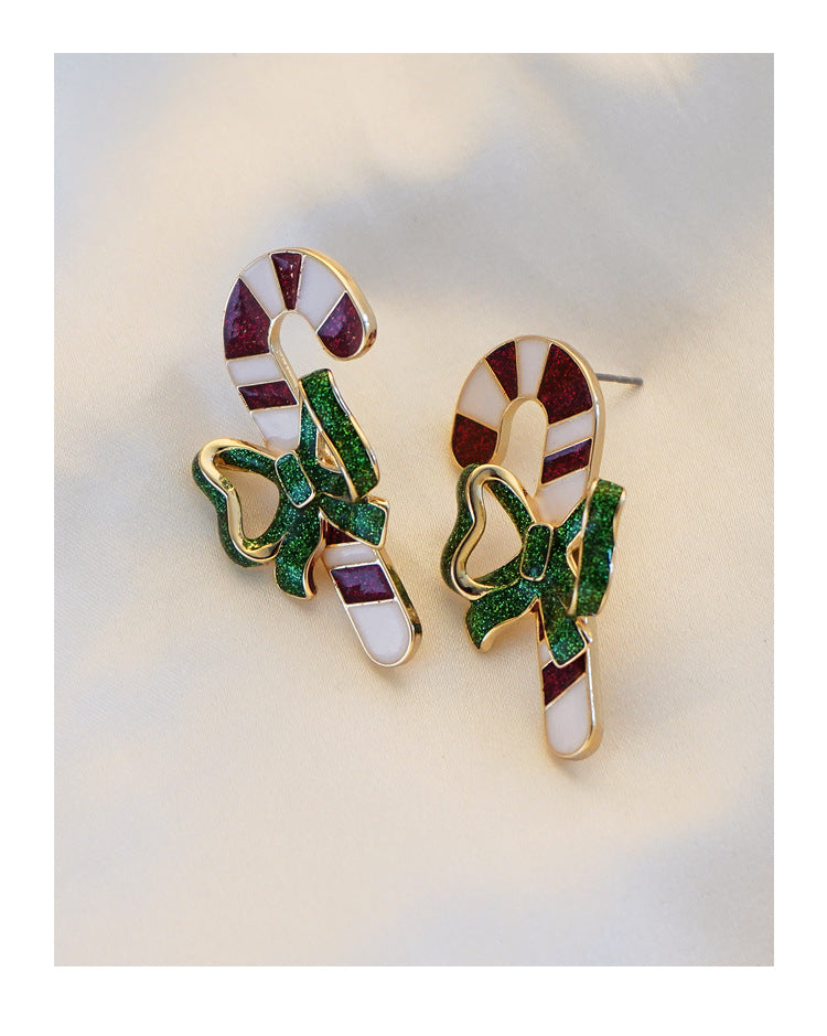 Merry Christmas Walking Stick Design Stubs Earrings
