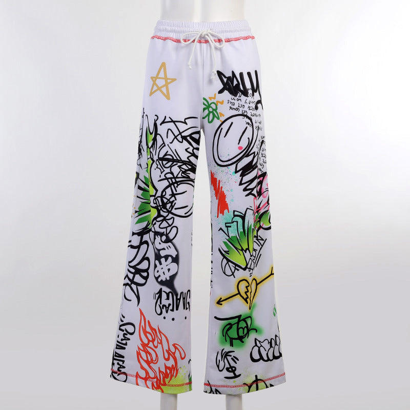 Casual Graffiti Print Wide Legs Pants for Women