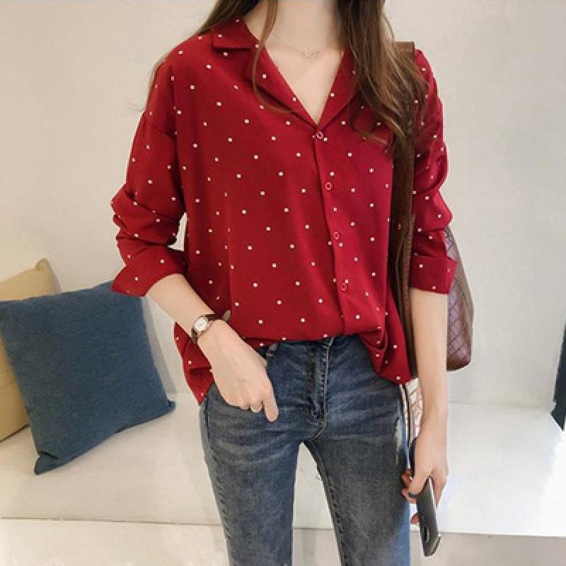 Women Dot Print Chiffon Long Sleeves Shirts