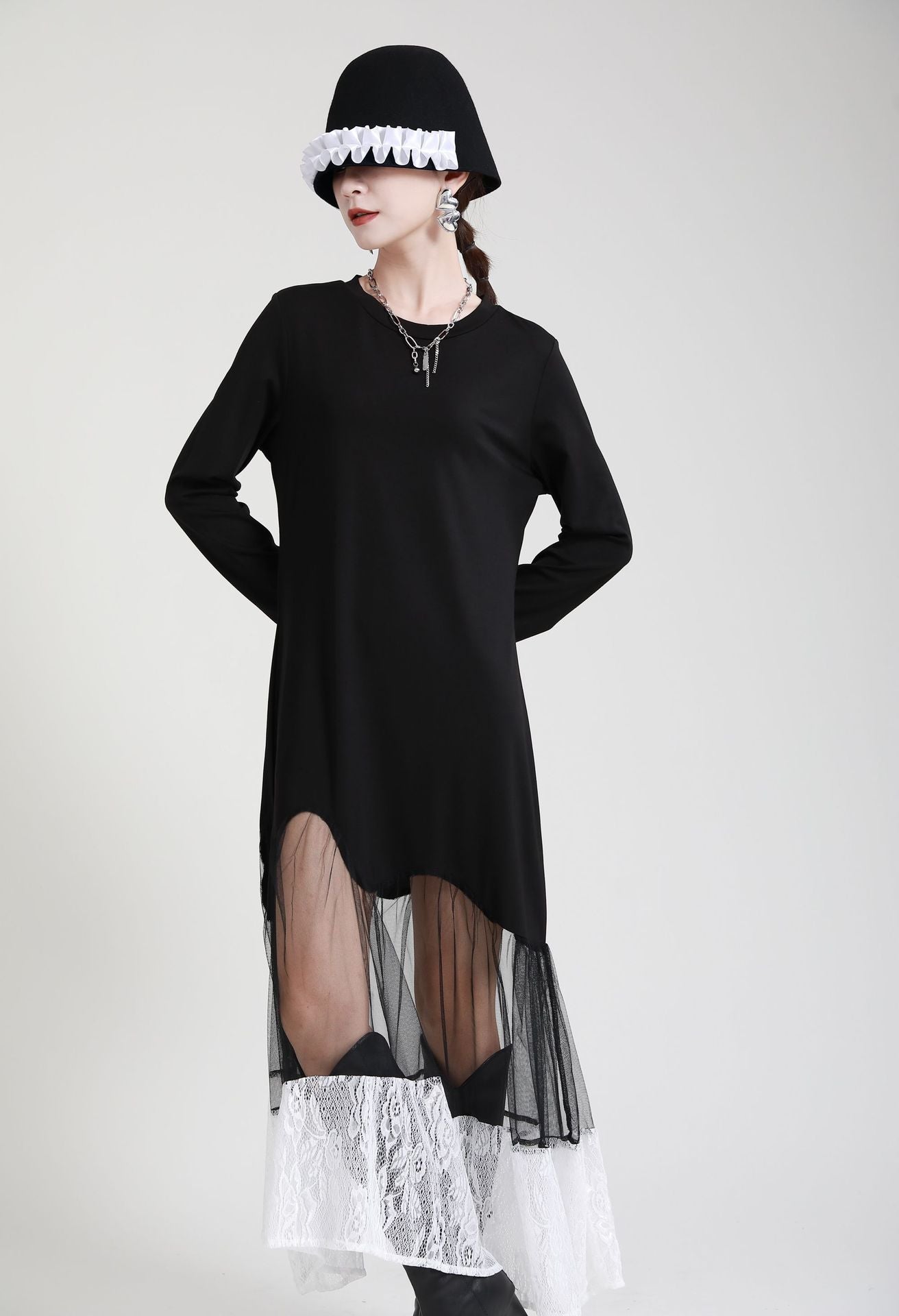 Black Women Irregular Lace Net Fall Long Dresses