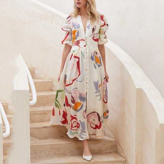Long Sleeves Chiffon Floral Long Dresses-STYLEGOING