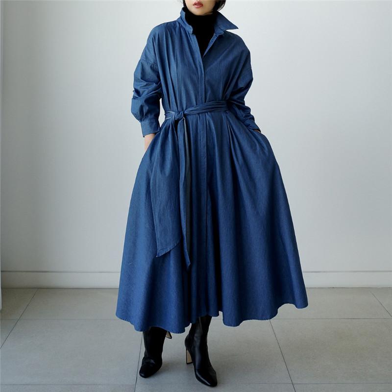 Blue Long Sleeve Loose Demin Shirts Maxi Dresses-STYLEGOING