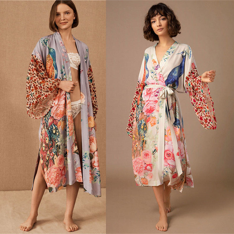 Peacock Print Kimono Beachwear Cover Ups