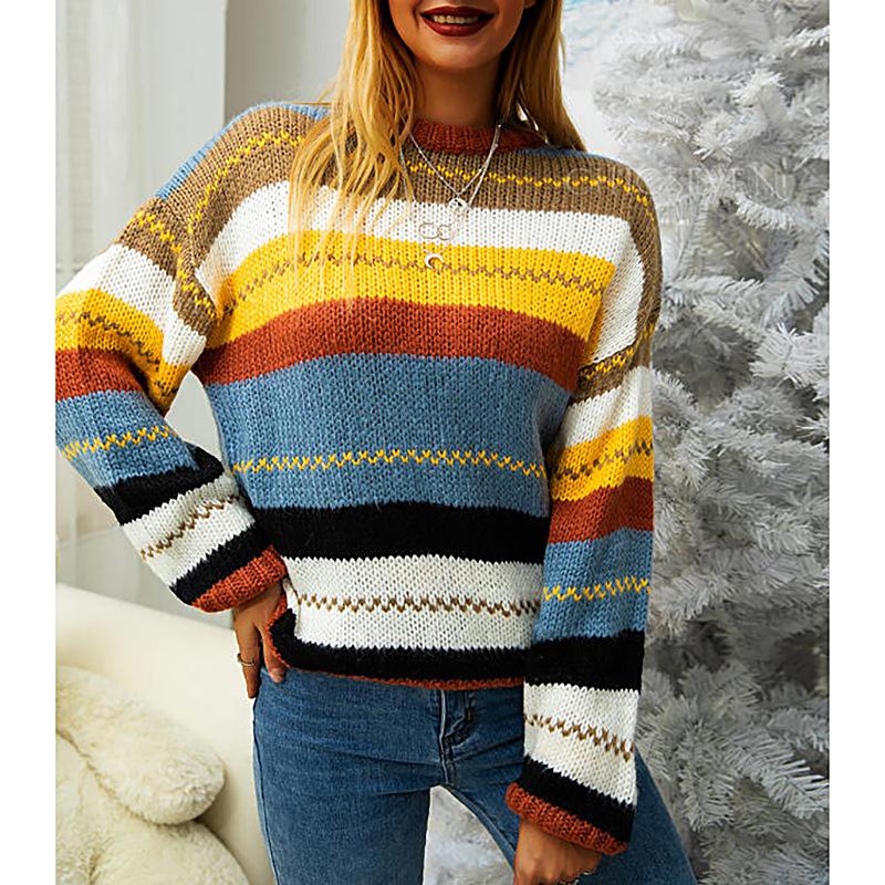 Leisure Women Colorful Striped Fall Sweaters-Colorful Stripe-S-Free Shipping at meselling99