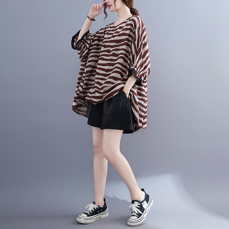 Casual Striped Summer Women Bat T Shirts and Shorts