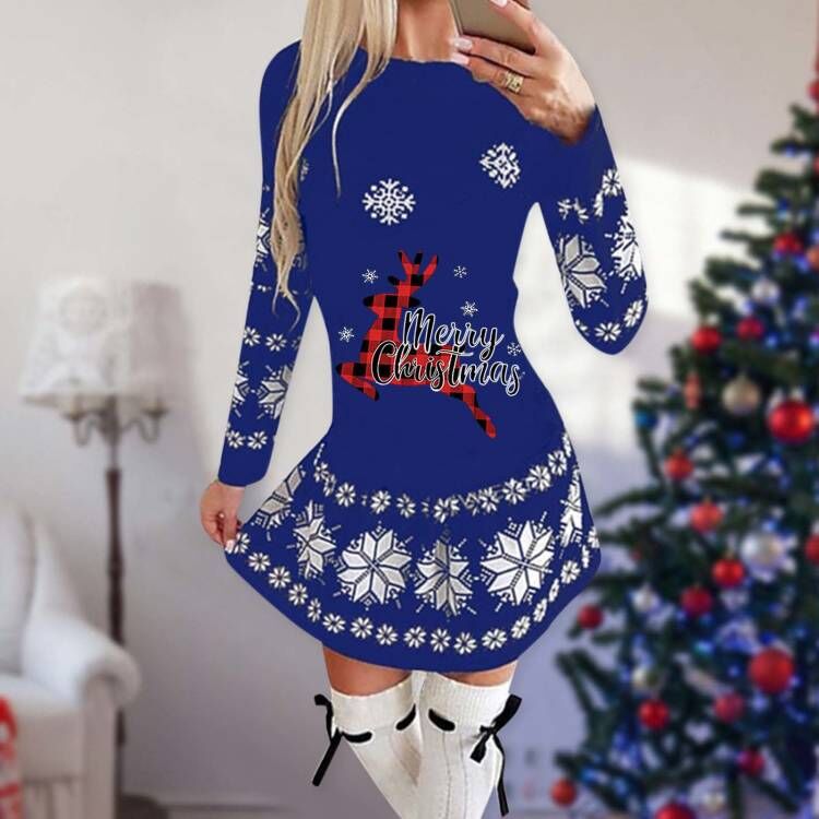 Merry Christmas Print Women Long Sleeves Dresses