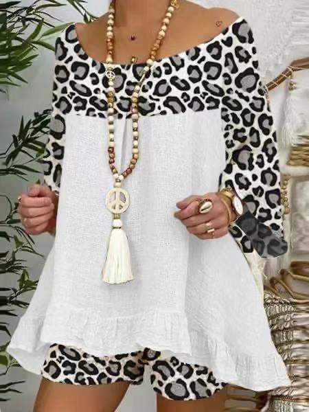 Plus Size Sumemr Leopard Linen Blouses&Shorts Suits-STYLEGOING