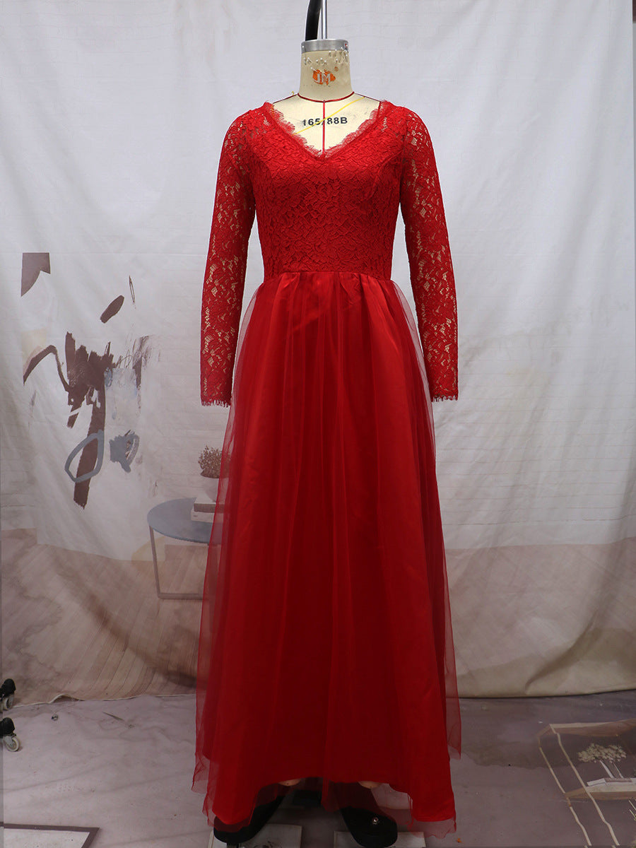 Elegant Long Sleeves Red Lace Evening Dresses