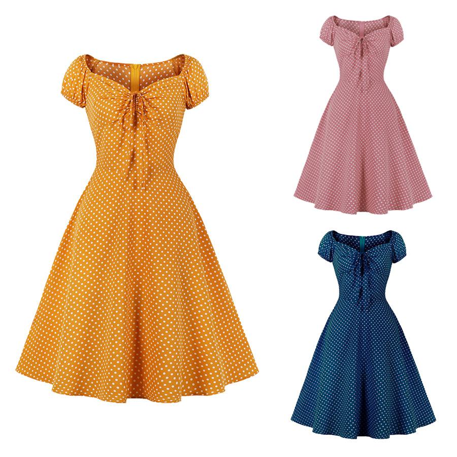 Women Short Sleeves Dot Print Vintage Dresses-STYLEGOING