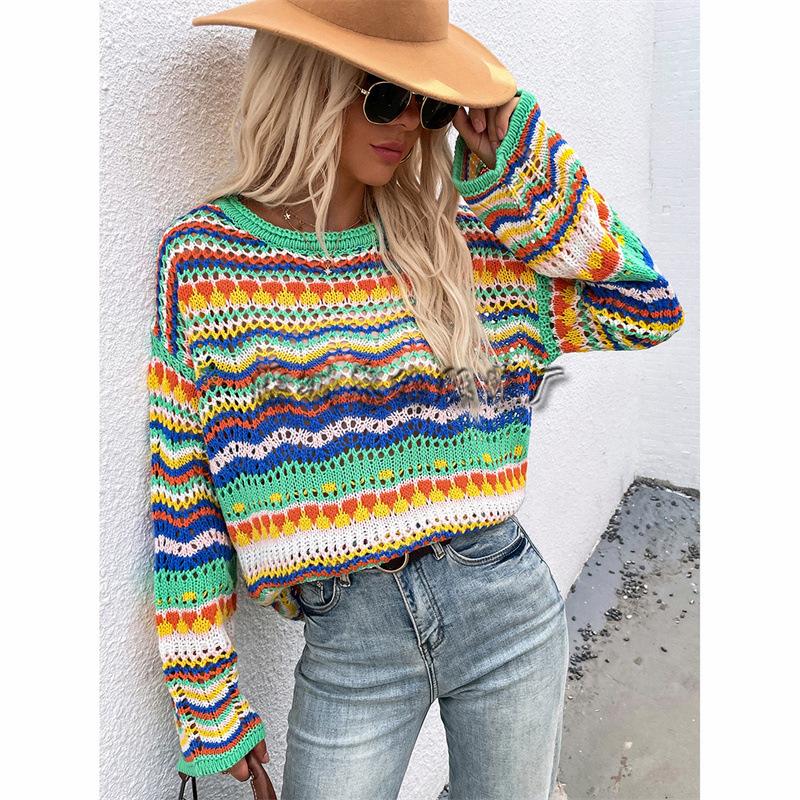 Women Knitting Rainbow Fall Sweaters-STYLEGOING
