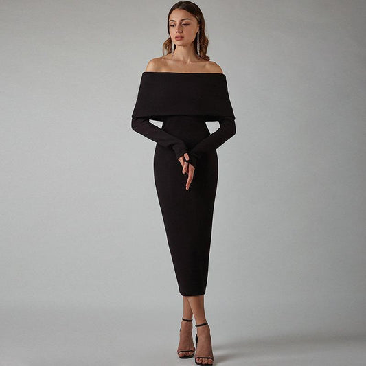 Black Off The Shoulder Long Sleeves Bodycon Dresses--Free Shipping at meselling99