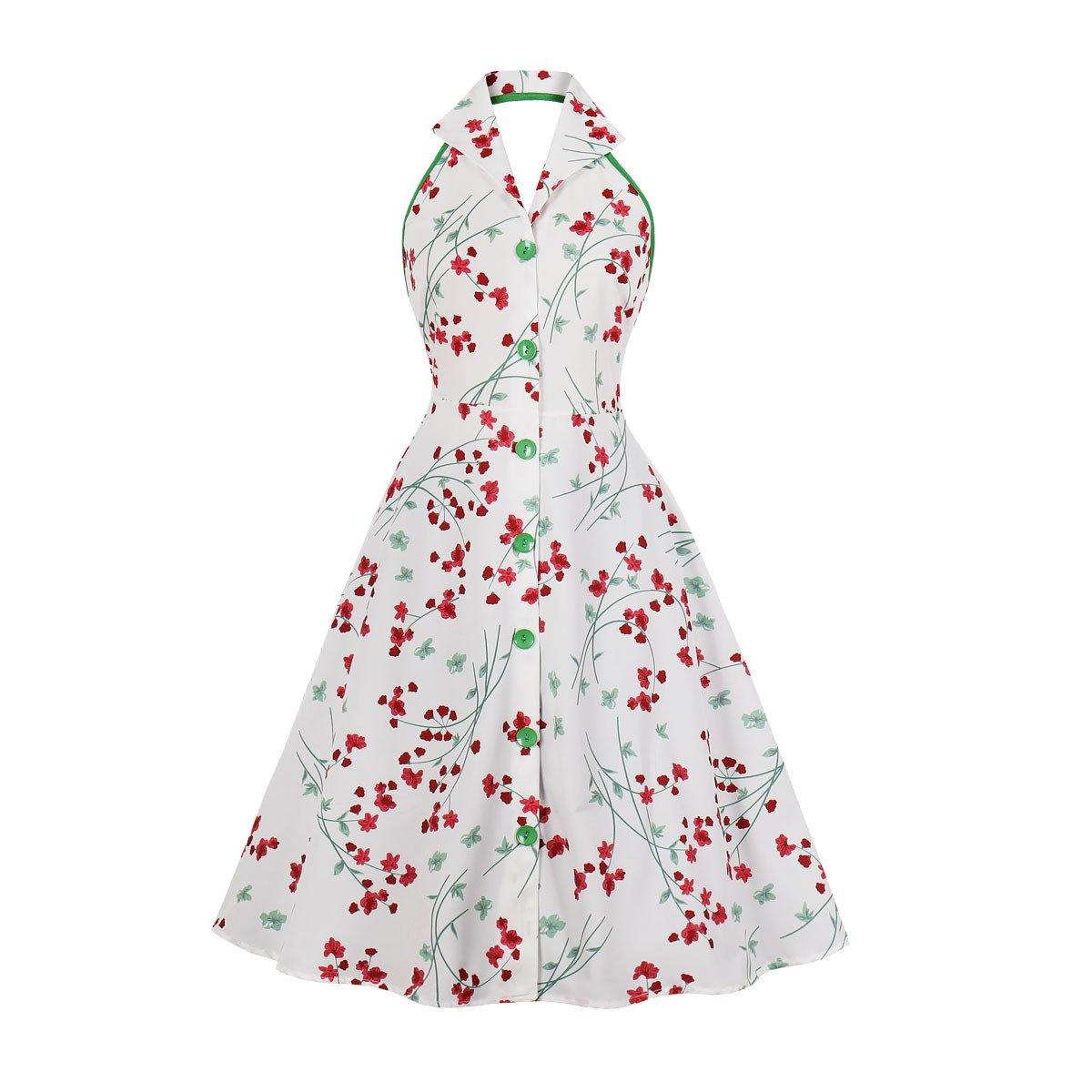 Halter Backless Floral Print Midi Length Dresses-STYLEGOING