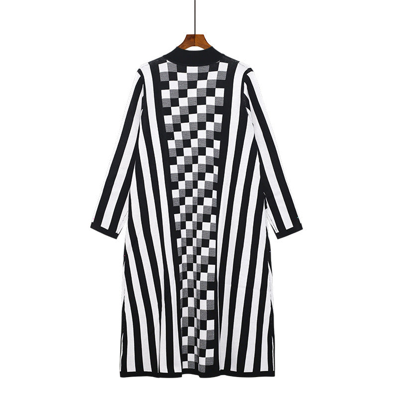 Black&white Knitting Striped Women Long Cozy Dresses