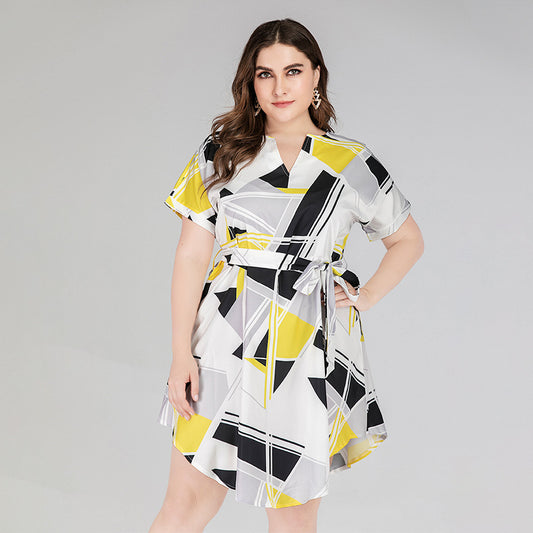 Summer Geometry Print Short Sleeves Plus Sizes Dresses
