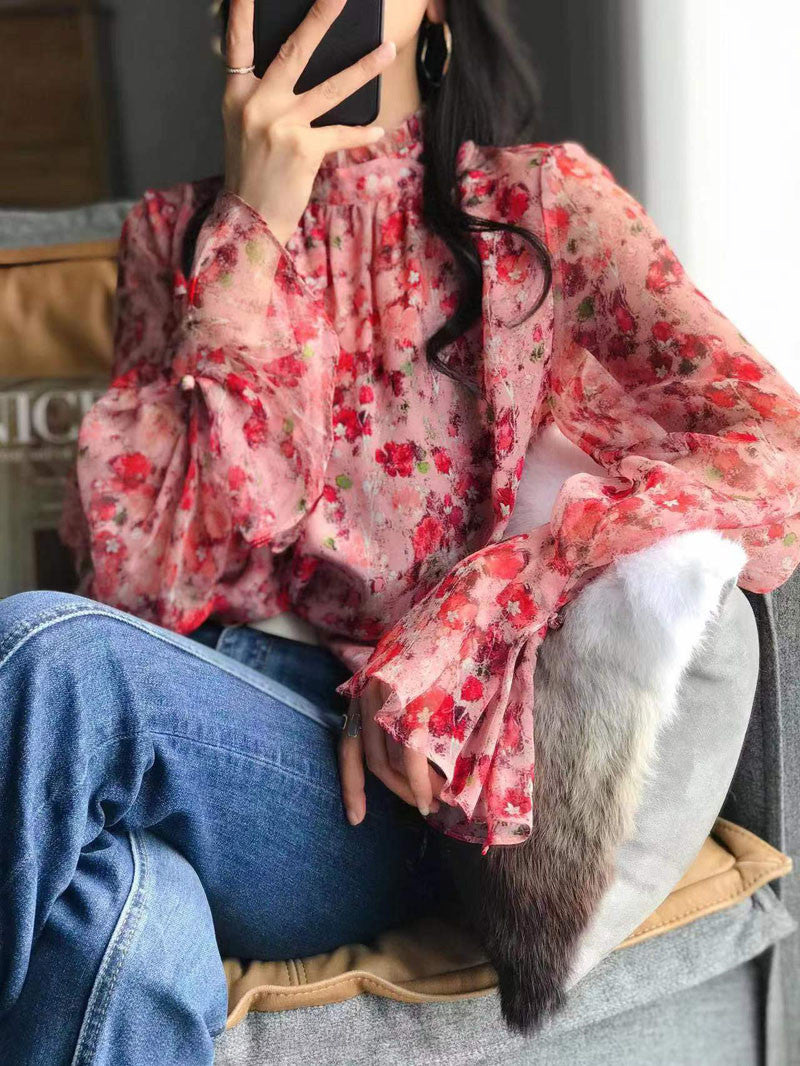Sweety Stand Collar Floral Print Women Shirts Blouses