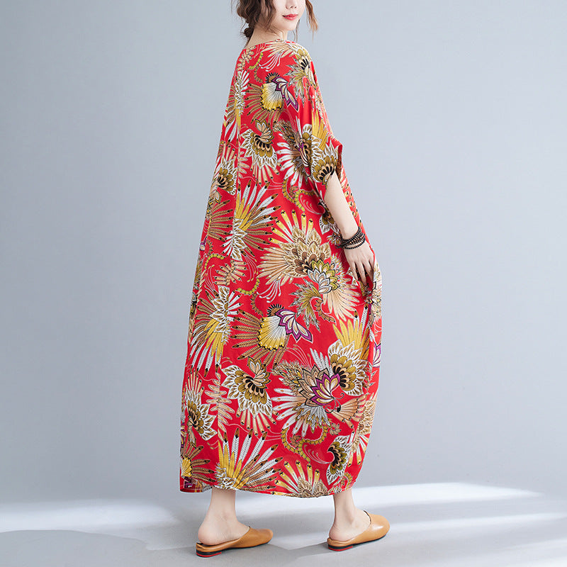Casual Floral Print Red Plus Sizes Maxi Dresses
