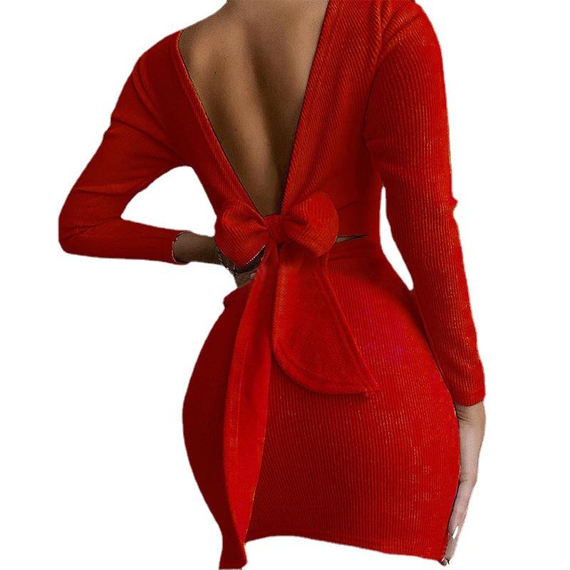 Sexy Bowknot Backless Knitting Mini Dresses-Red-S-Free Shipping at meselling99
