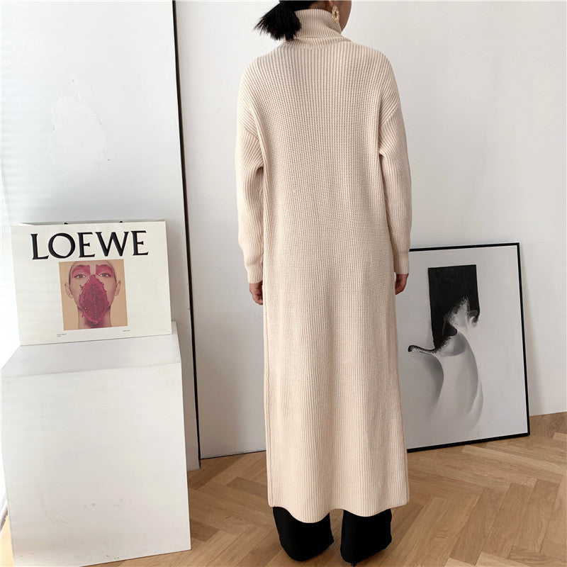 Designed High Neck Split Knitted Pullover Long Dresses