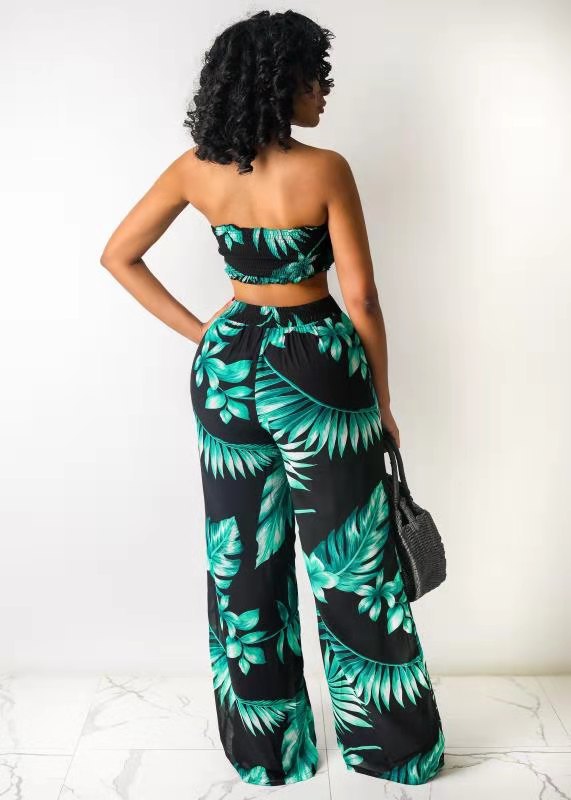 Summer Sexy Leaf Print Two Pieces Suits