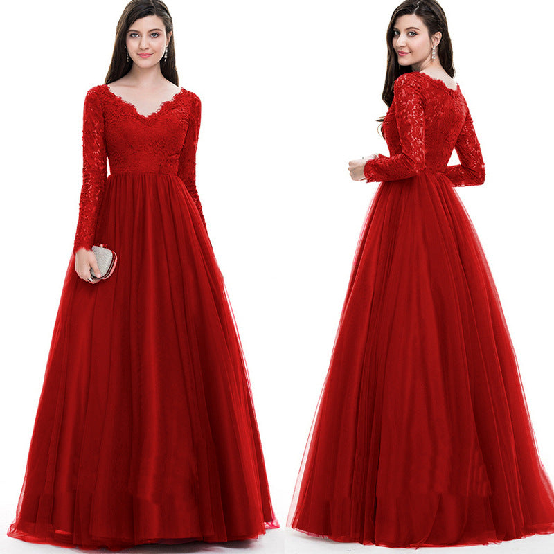 Elegant Long Sleeves Red Lace Evening Dresses
