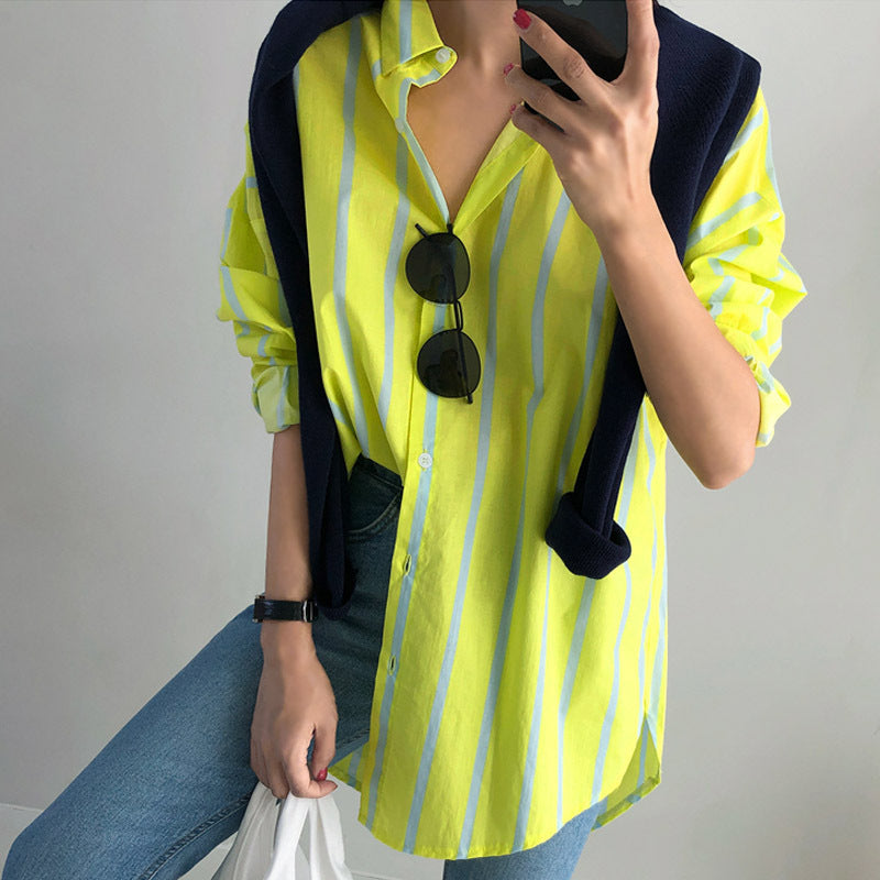 Casual Yellow Striped Long Sleeves Shirts