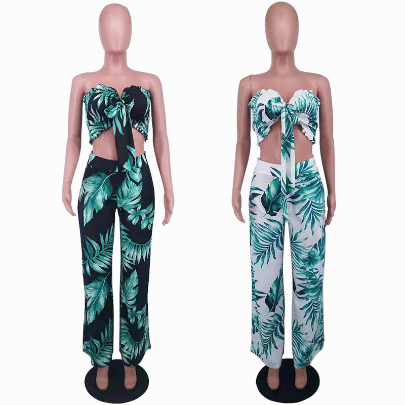 Summer Sexy Leaf Print Two Pieces Suits