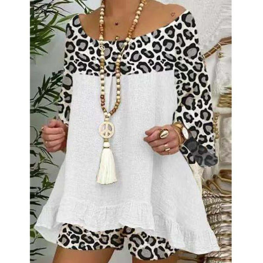 Plus Size Sumemr Leopard Linen Blouses&Shorts Suits-STYLEGOING