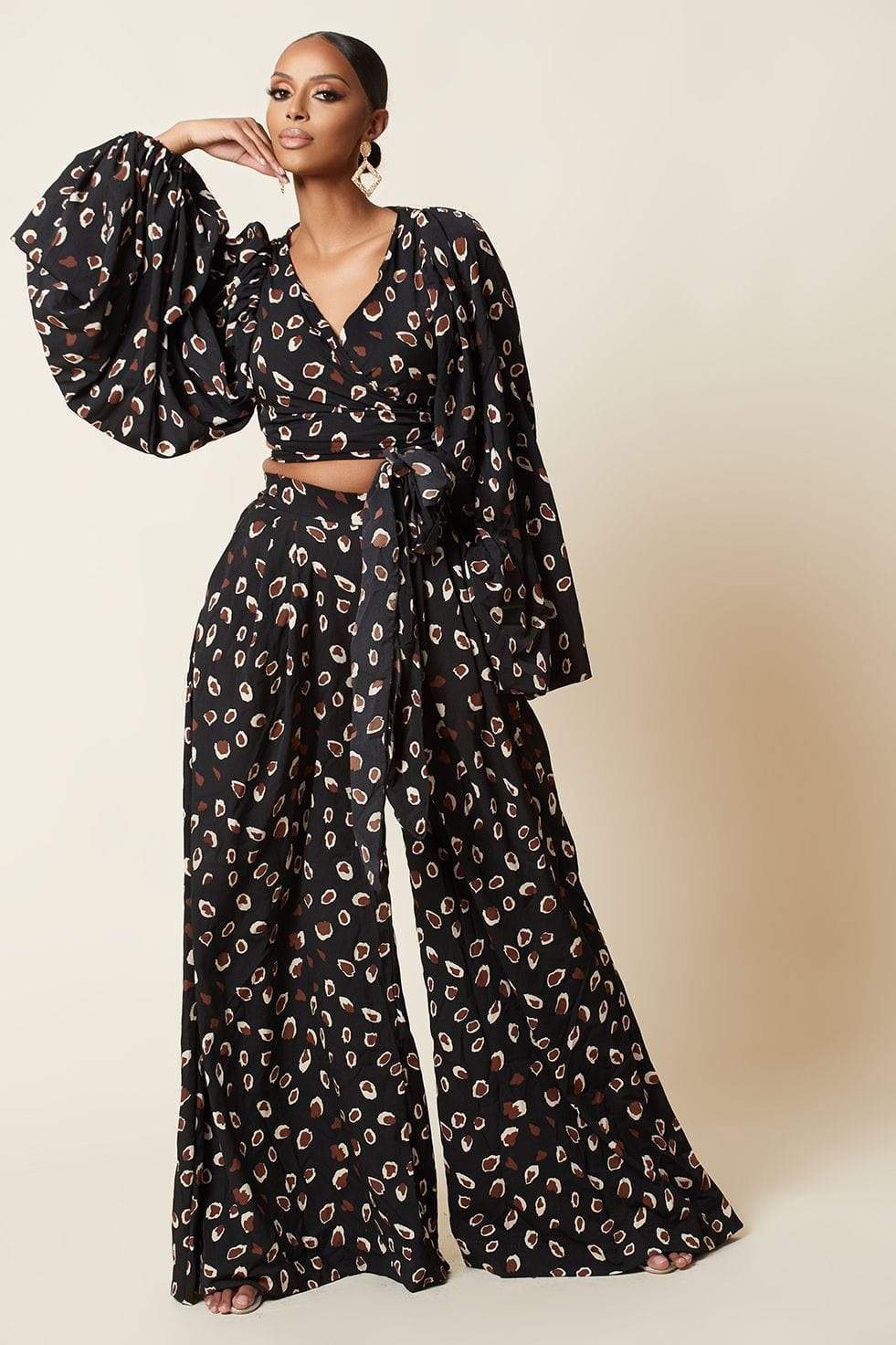 Women Leopard Print Puff Sleeves Suits-STYLEGOING