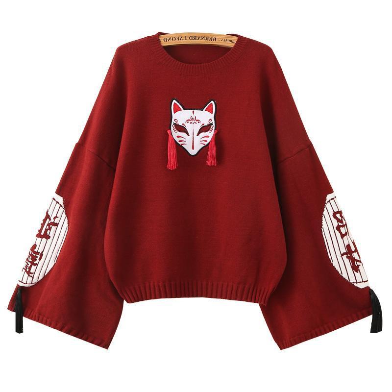 Wine Red Cute Knitting Fox Print Sweater