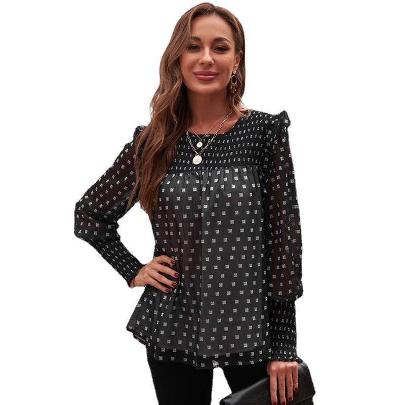 Women Ruffled Dot Print Chiffon Tops Blouses--Free Shipping at meselling99