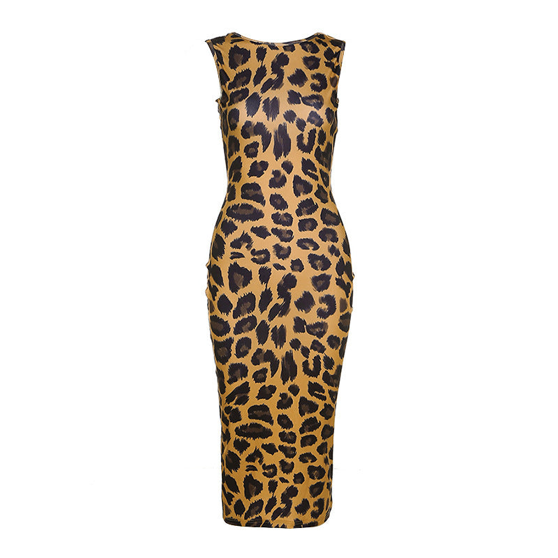 Sexy Leopard Print U Neck Backless Dresses