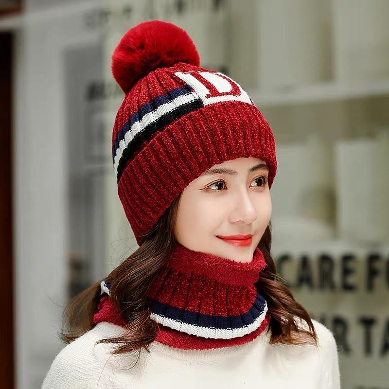 Women Fleeced Lined Knitting Warm Hats+Scarfs-Wine Red-56-60cm-Free Shipping at meselling99