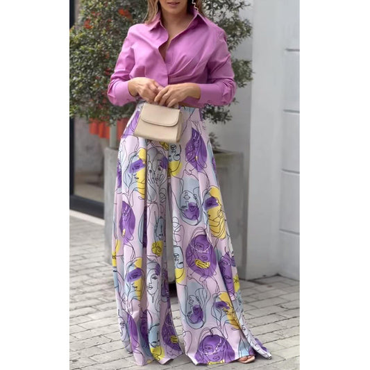 Summer Casual Long Sleeves Shirts and Wide Leg Pants Women Suits
