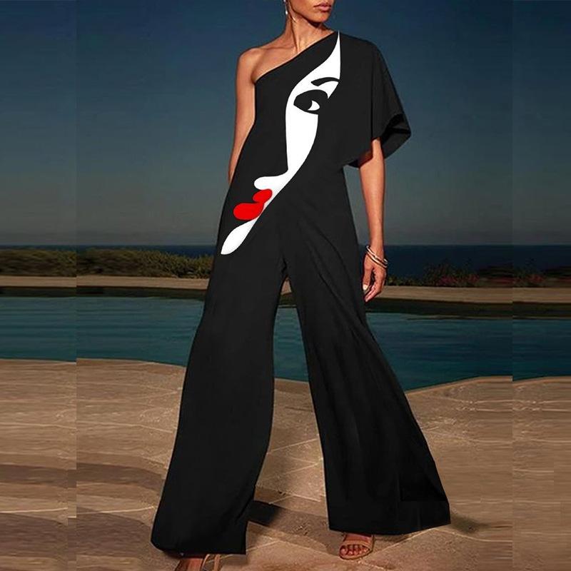 New Summer Fashion Face Print One Shoulder Jumpsuits-STYLEGOING