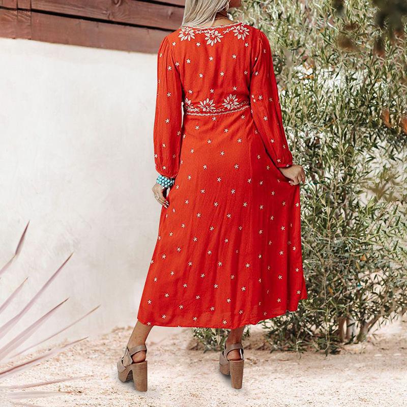 Red Long Sleeves Boho Midi Dresses-STYLEGOING