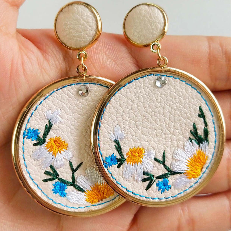 Vintage Pu Leather Embroidery Ethnic Earrings for Women