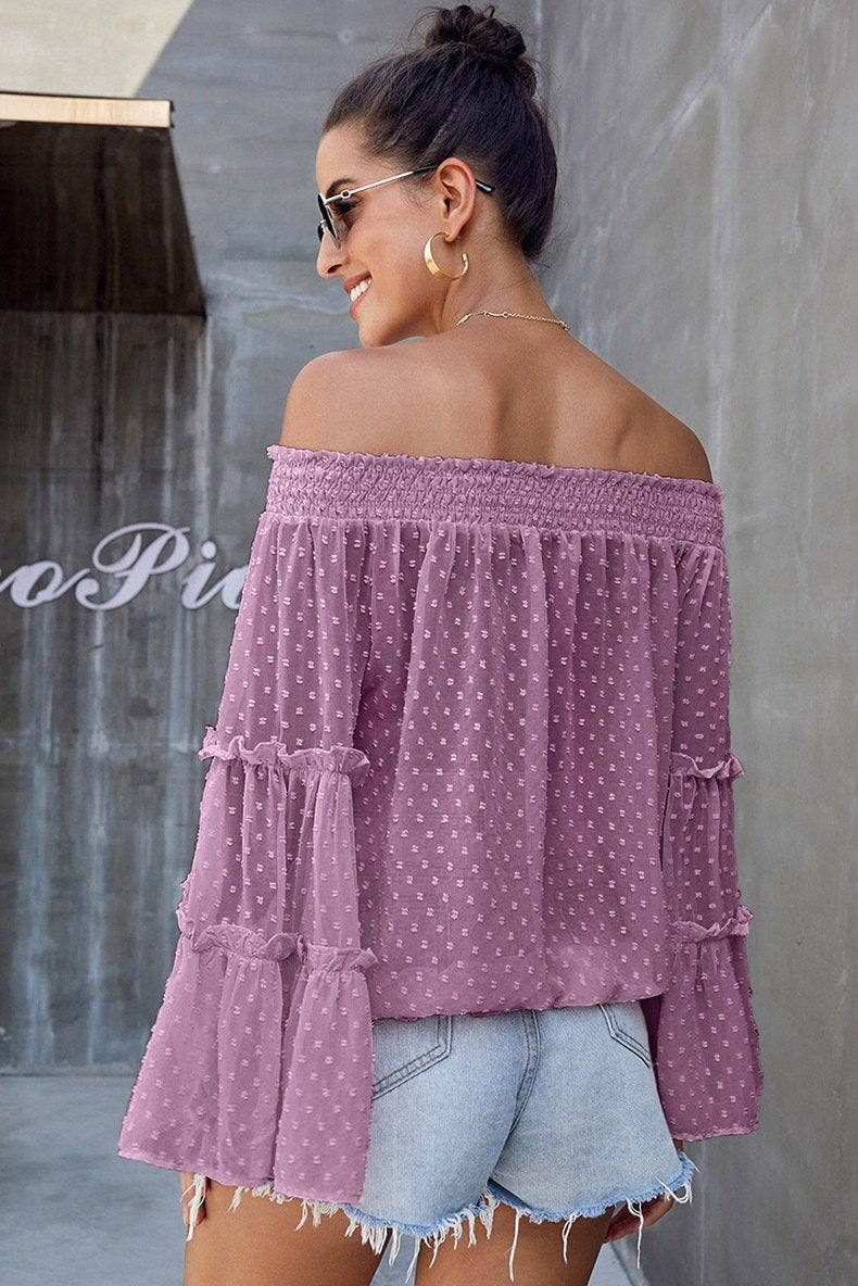 Off The Shoudler Bell Sleeves Chiffon Blouses-STYLEGOING