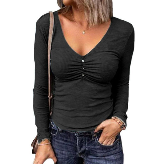 Women Deep V Neck Sexy Long Sleeves T Shirts