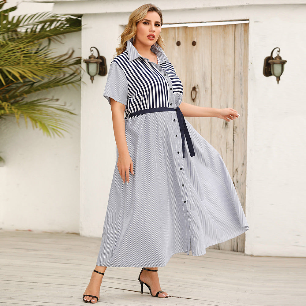 Summer Striped Short Sleeves Plus Sizes Women Shirts Dresses