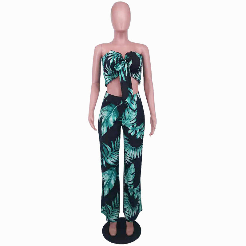 Summer Sexy Leaf Print Two Pieces Suits