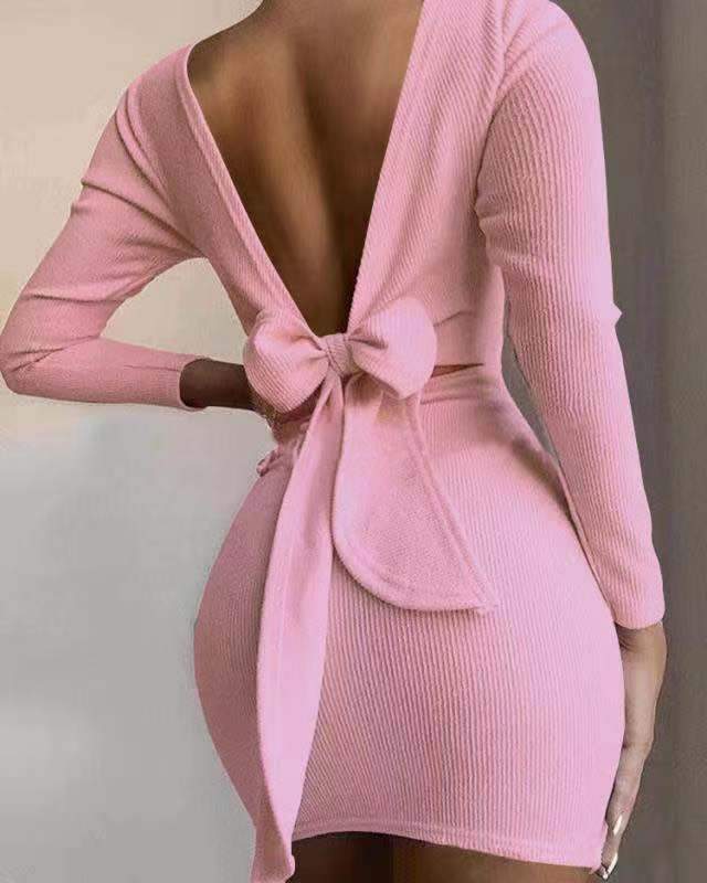 Sexy Bowknot Backless Knitting Mini Dresses-Pink-S-Free Shipping at meselling99