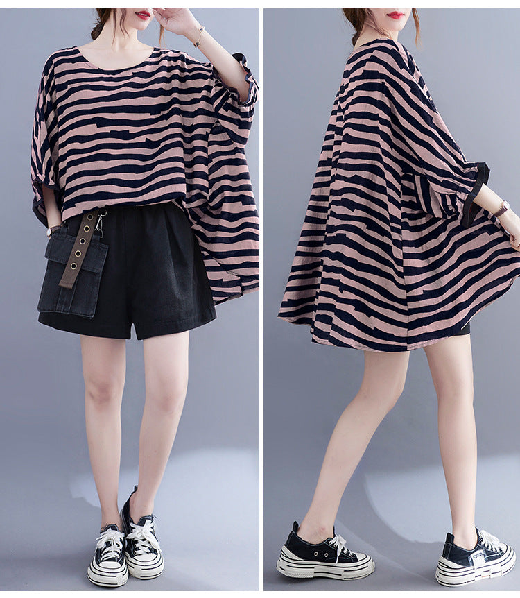 Casual Striped Summer Women Bat T Shirts and Shorts