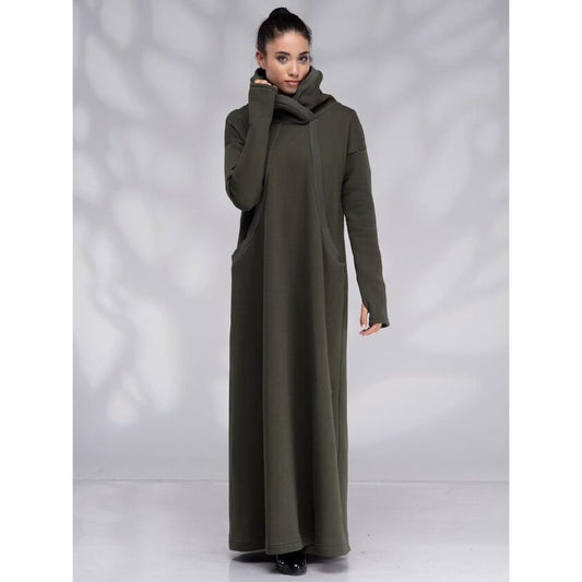 Casual Army Green High Neck Fall Long Dresses