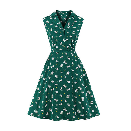 Women Turnover Colloar Floral Retro Dresses-STYLEGOING