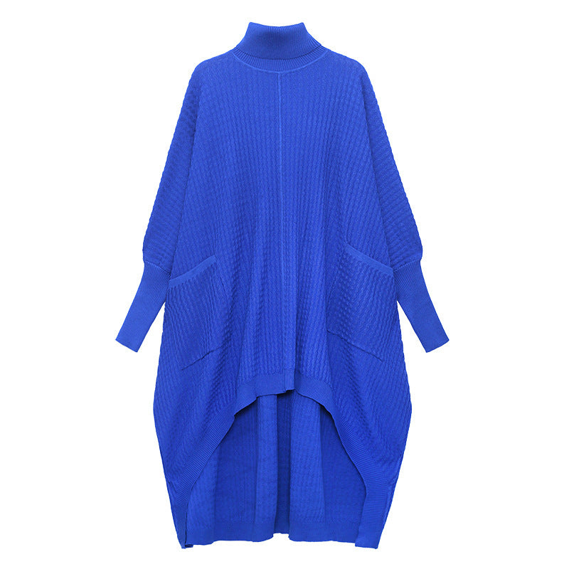 Women High Neck High Low Designed Knitted Long Cozy Dresses